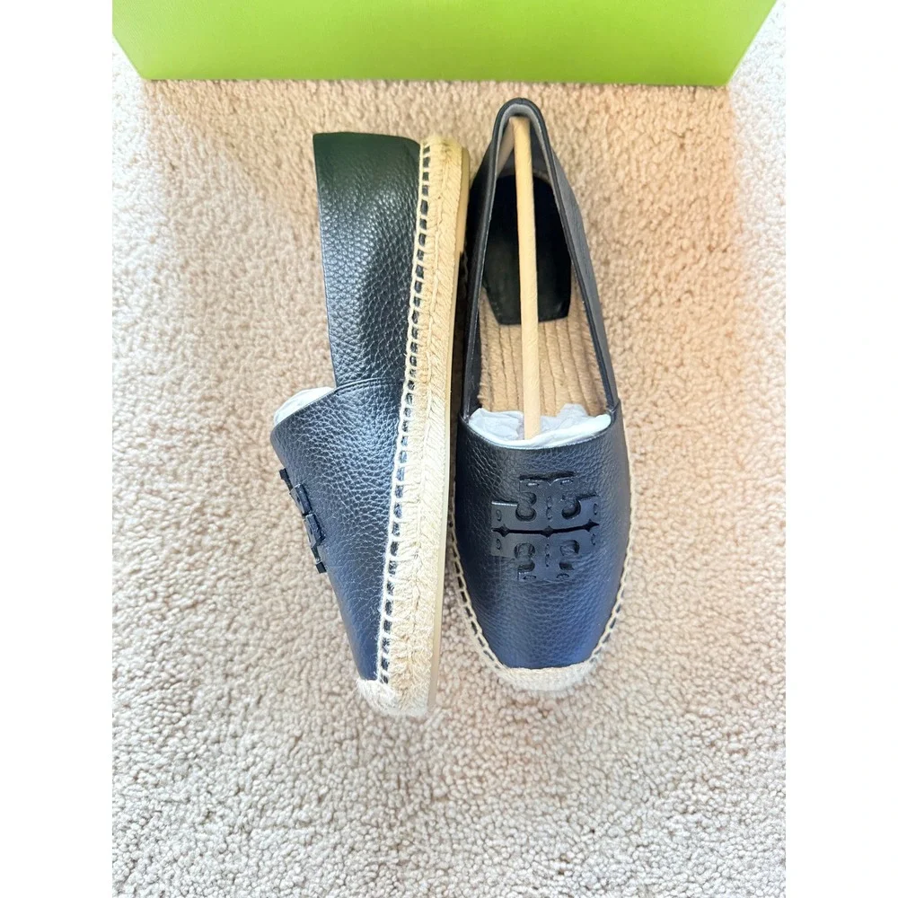 Tory Burch Stitch Logo Leather Espadrille Perfect Black Pebbled Flat 181312 6